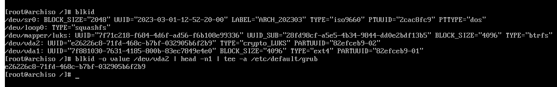 getting the root UUID and appending to grub config