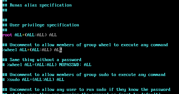 running visudo and uncommenting %wheel
